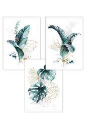 ARTZE Set of 3 Teal Blue & Gold Botanical Leaves Art Posters - Size: W50 cm x H70 cm