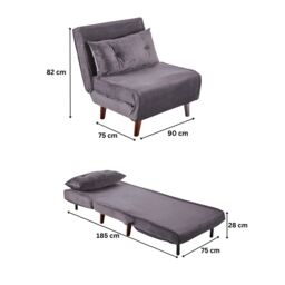 Home Source Double Sofa Bed Folding Chair Velvet Wooden Legs Two Pillow Home in Grey - thumbnail 4