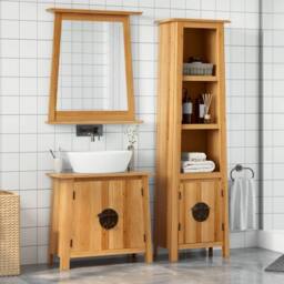Berkfield Home 3 Piece Bathroom Furniture Set Solid Wood Pine in Brown - thumbnail 2