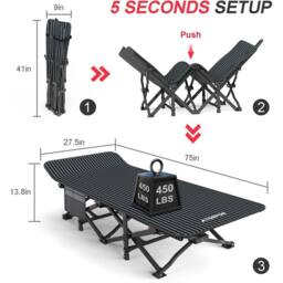 FORGEVIO Adult Camping Cot Bed With Cushion Portable Travel Sleeping Bed in Black - thumbnail 2