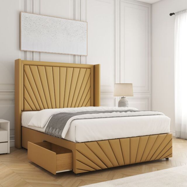 "BSSPOKE Nola Divan Bed Plush Velvet 54""Headboard 2Drawers Footend No Mattress in Mustard - Size: Double" - image 1