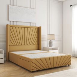 "BSSPOKE Nola Divan Bed Plush Velvet 54""Headboard 2Drawers Footend No Mattress in Mustard - Size: Double" - thumbnail 2