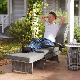 OUTSUNNY Foldable Rattan Garden Recliner Chair w/ Cushion, Footrest in Light Grey - thumbnail 1