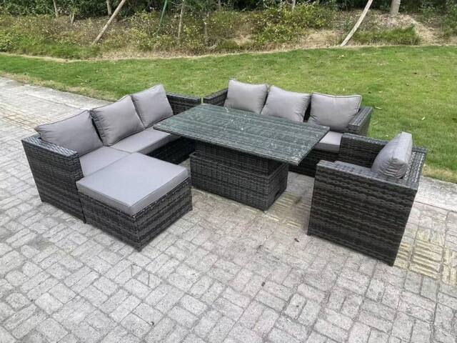 Fimous 8 Seater Rattan Sofa Set Adjustable Rising Dining Table Side Table Chairs Footstool in Dark Grey - image 1