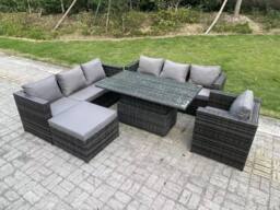 Fimous 8 Seater Rattan Sofa Set Adjustable Rising Dining Table Side Table Chairs Footstool in Dark Grey - thumbnail 2