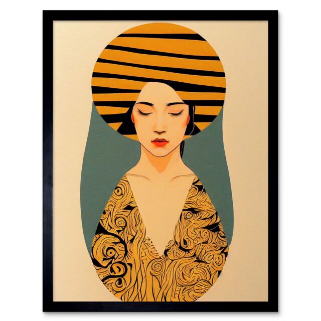 "Artery8 Wall Art Print Retro Woman Mid Century Bohemian Yellow Art Nouveau Art Framed in Black - Size: W12"" x H16""" - image 1