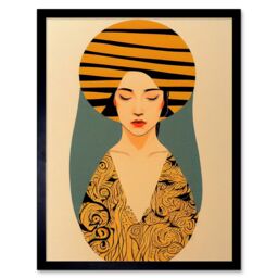 "Artery8 Wall Art Print Retro Woman Mid Century Bohemian Yellow Art Nouveau Art Framed in Black - Size: W12"" x H16""" - thumbnail 1