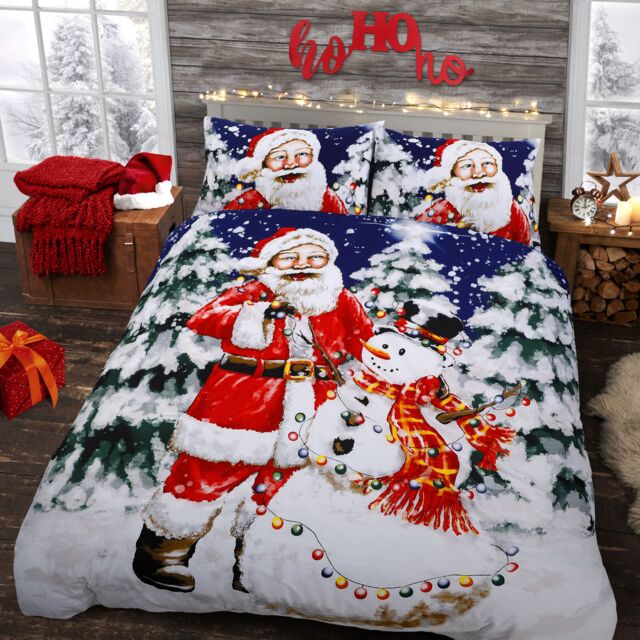 Velosso Santa Xmas Lights Cotton Rich Printed Duvet Cover & Pillow in Red - Size: Double - image 1