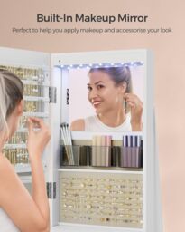 SONGMICS LED Swivel Mirror Jewellery Cabinet with Lockable Storage in Beige - thumbnail 4