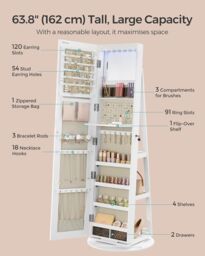 SONGMICS LED Swivel Mirror Jewellery Cabinet with Lockable Storage in Beige - thumbnail 5