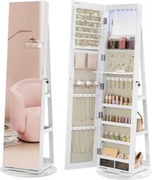 SONGMICS LED Swivel Mirror Jewellery Cabinet with Lockable Storage in Beige - thumbnail 8