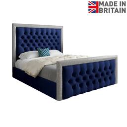 Casani Thorne Glitter Border Upholstered Blue Soft Velvet Designer Bed Frame - Size: Small Single - thumbnail 4