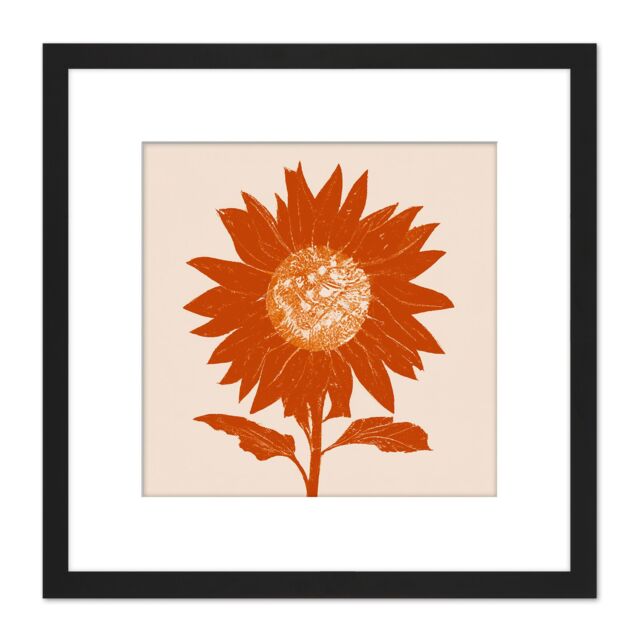 Artery8 Single Orange Sunflower Earth Toned Warm Painting Square Wooden Framed Wall Art Print Picture 8X8 Inch in Black - image 1