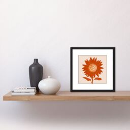 Artery8 Single Orange Sunflower Earth Toned Warm Painting Square Wooden Framed Wall Art Print Picture 8X8 Inch in Black - thumbnail 2