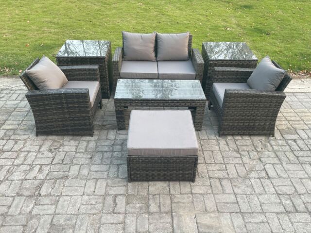 Fimous 5 Seater Outdoor Rattan Garden Furniture Set Patio Lounge Sofa Set with Coffee Table Side Tables Big Footstool Dark Grey Mixed