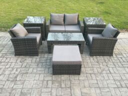 Fimous 5 Seater Outdoor Rattan Garden Furniture Set Patio Lounge Sofa Set with Coffee Table Side Tables Big Footstool Dark Grey Mixed - thumbnail 1