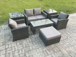 Fimous 5 Seater Outdoor Rattan Garden Furniture Set Patio Lounge Sofa Set with Coffee Table Side Tables Big Footstool Dark Grey Mixed - thumbnail 2