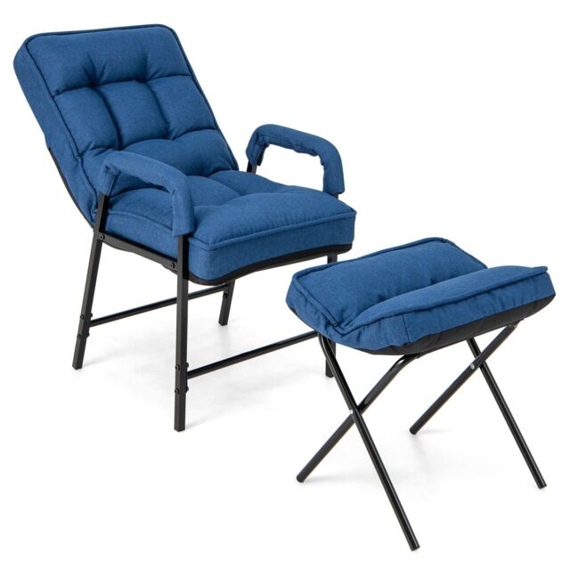 Costway Modern Accent Chair Linen Fabric Upholstered Single Sofa Chair w/Ottoman in Blue - image 1