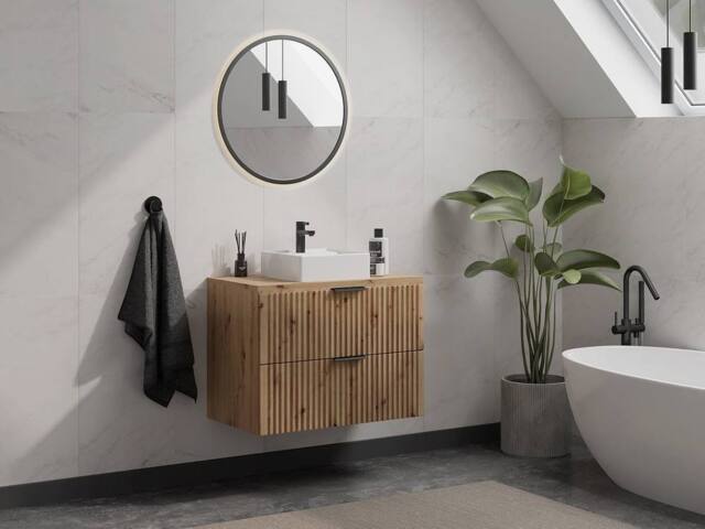 Vente-unique Wall-Mounted Ribbed Vanity Unit With Top - Light Natural Colour - L80 in Light Oak - image 1