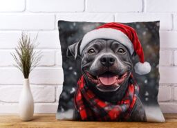 Warren Reed - Designer Christmas Staffordshire Bull Terrier Cushion in Black - Size: 60 cm x 60 cm - thumbnail 2