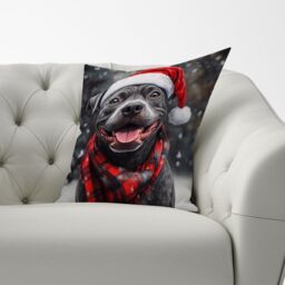 Warren Reed - Designer Christmas Staffordshire Bull Terrier Cushion in Black - Size: 60 cm x 60 cm - thumbnail 3
