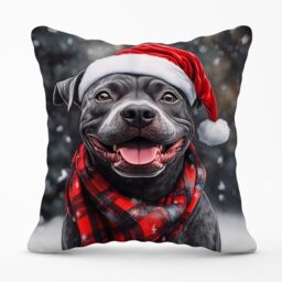 Warren Reed - Designer Christmas Staffordshire Bull Terrier Cushion in Black - Size: 60 cm x 60 cm - thumbnail 1