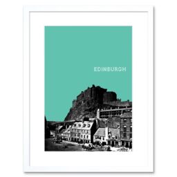 "Artery8 Wall Art Print Grassmarket Edinburgh Scotland Scottish Landmark Teal Framed Art in White - Size: W7"" x H9""" - thumbnail 1