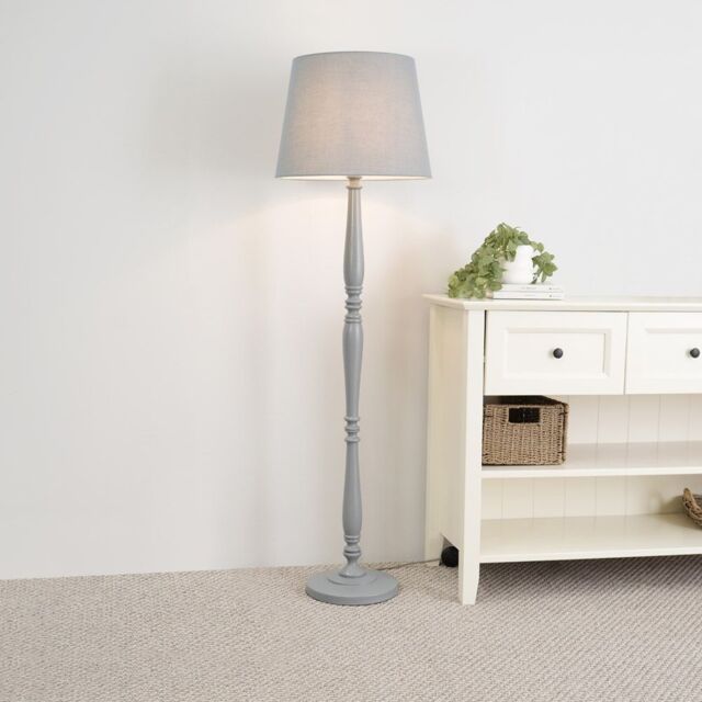 ValueLights Victoria White Wood Traditional Stem Floor Lamp with Fabric Tapered Shade in Grey - image 1