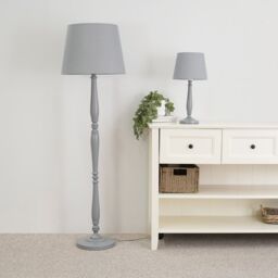 ValueLights Victoria White Wood Traditional Stem Floor Lamp with Fabric Tapered Shade in Grey - thumbnail 5