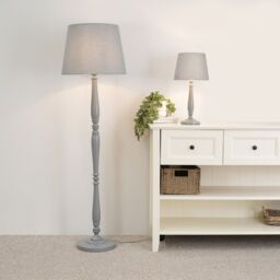 ValueLights Victoria White Wood Traditional Stem Floor Lamp with Fabric Tapered Shade in Grey - thumbnail 4