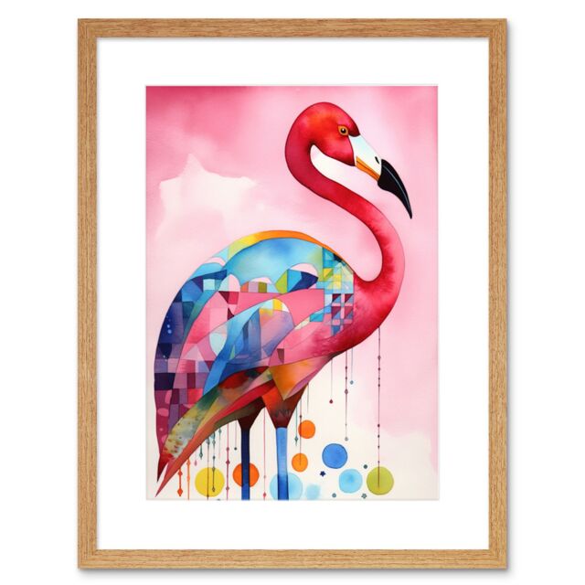 "Artery8 Wall Art Print Flamingo Bird Folk Art Watercolour Painting Artwork Framed 9X7 Inch in Beige - Size: W7"" x H9""" - image 1
