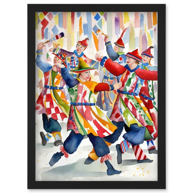 Artery8 Morris Dancers Dancing Folk Art Watercolour Painting Artwork Framed Wall Art Print A4 in Black - image 1