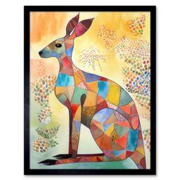 "Artery8 Wall Art Print Multicoloured Kangaroo Folk Art Watercolour Painting Art Framed in Black - Size: W12"" x H16""" - thumbnail 1