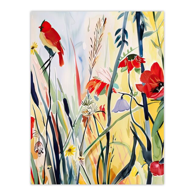 "Artery8 Northen Cardinal Bird Watercolour Spring Flowers Wall Art Print - Size: W12"" x H16""" - image 1