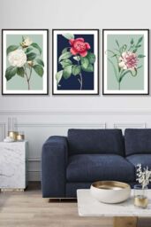 ARTZE Set of 3 Black Framed Vintage Flowers Camellia Blue & Green Wall Art in Navy - Size: W33 cm x H45 cm x D20mm - thumbnail 1