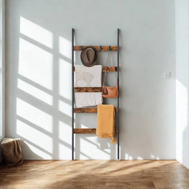 Pirlo Plush 5-Tier Towel Blanket Ladder Shelf Rack With Hooks in Brown - image 1