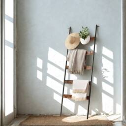 Pirlo Plush 5-Tier Towel Blanket Ladder Shelf Rack With Hooks in Brown - thumbnail 3