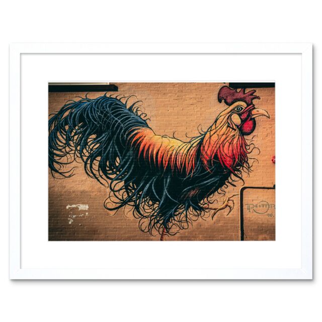 "Artery8 Wall Art Print Moran Graffiti Chicken Rooster Wall Street Framed in White - Size: W7"" x H9""" - image 1