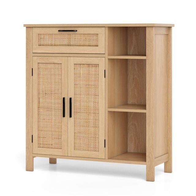 Costway Wooden Buffet Sideboard Storage Cabinet w/2 Rattan Woven Doors in Natural - image 1