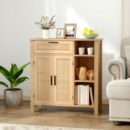 Costway Wooden Buffet Sideboard Storage Cabinet w/2 Rattan Woven Doors in Natural - thumbnail 3