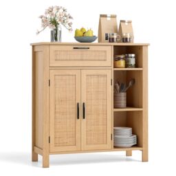 Costway Wooden Buffet Sideboard Storage Cabinet w/2 Rattan Woven Doors in Natural - thumbnail 8