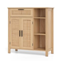 Costway Wooden Buffet Sideboard Storage Cabinet w/2 Rattan Woven Doors in Natural - thumbnail 1