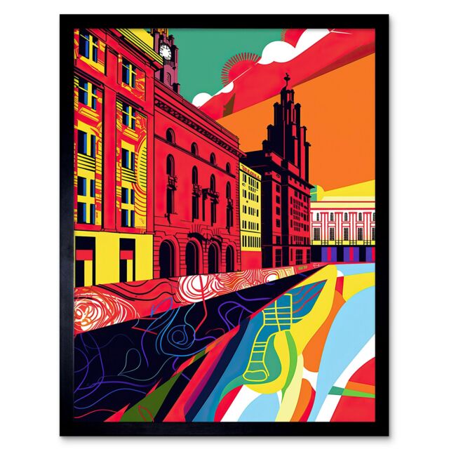 "Artery8 Wall Art Print Royal Albert Dock Liverpool Waterfront Pop Art Framed in Black - Size: W12"" x H16""" - image 1