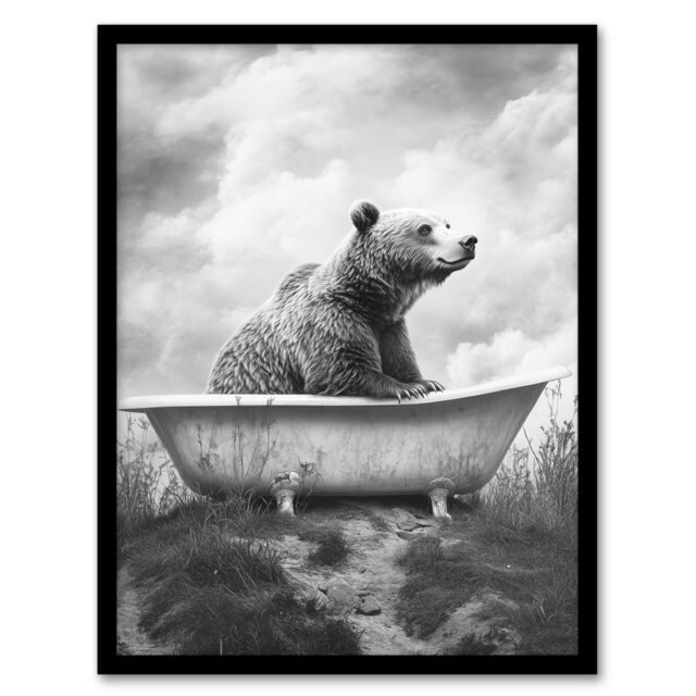 "Artery8 Bear Bath in Mountain Bathtub Black White Surreal Framed Art Print in Grey - Size: W12"" x H16""" - image 1