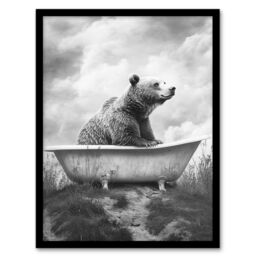 "Artery8 Bear Bath in Mountain Bathtub Black White Surreal Framed Art Print in Grey - Size: W12"" x H16""" - thumbnail 1