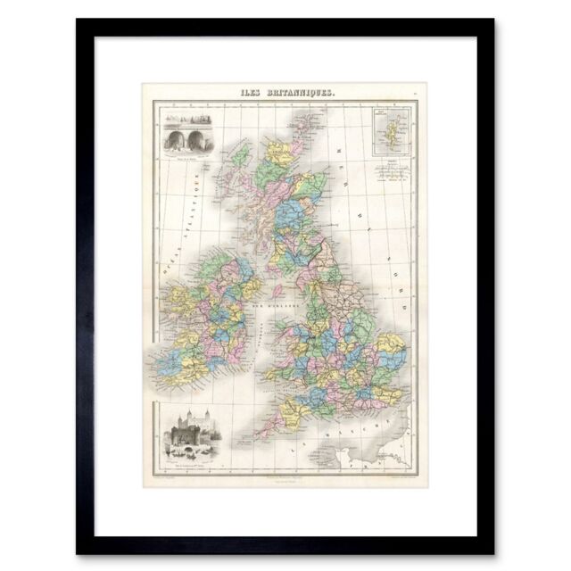 Artery8 1878 British Isles England Ireland Scotland Migeon Pastel Colour Vintage Map Artwork Framed Wall Art Print 12X16 Inch in Black - image 1