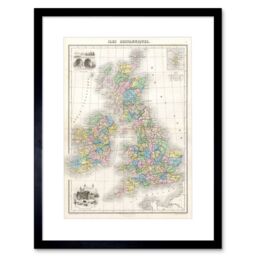 Artery8 1878 British Isles England Ireland Scotland Migeon Pastel Colour Vintage Map Artwork Framed Wall Art Print 12X16 Inch in Black - thumbnail 1