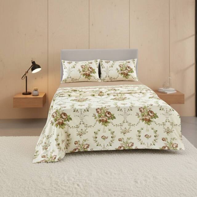 Snug City Soft Floral Brushed Cotton Fitted Flat Sheet & Matching Pillowcases in Natural - Size: Single - image 1