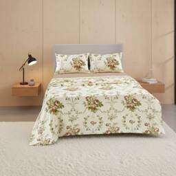 Snug City Soft Floral Brushed Cotton Fitted Flat Sheet & Matching Pillowcases in Natural - Size: Single - thumbnail 1