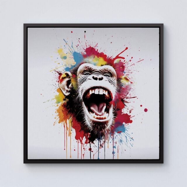 Warren Reed - Designer Coloured Splashart Crazy Monkey Face Framed Canvas in Black - Size: w10 inch x h10 inch - image 1